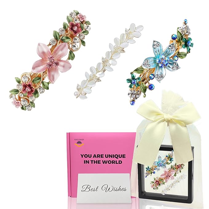 Enamel Flower Hair Clip Gift Set for Women - 3Pcs Vintage Rhinestone Barrettes for Thin & Thick Hair, Bridesmaid Hair Accessories, Teen Girl Birthday Gifts (Pink/Blue/Yellow Combo)