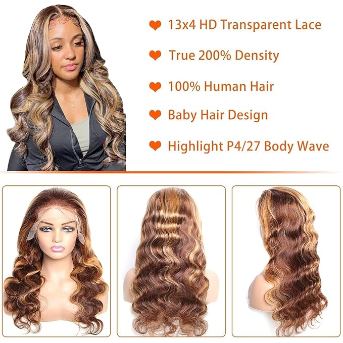 Ombre Lace Front Wigs Human Hair Pre Plucked 13x4 HD Transparent 4/27 Colored Body Wave lace frontal Wigs Human Hair 200% Density Honey Blonde Lace Front wigs for Women 26 Inch