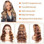 Highlight Ombre Lace Front Wig Human Hair Pre Plucked 13x4 HD Transparent 4/27 Colored Honey Blonde Lace Frontal Wigs For Women with Baby Hair 200% Density Body Wave Lace Front Wig 20 Inch