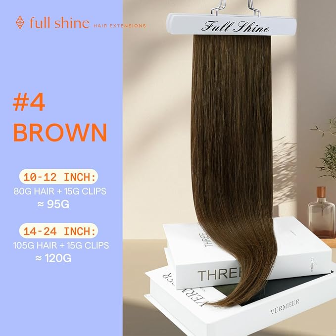 Full Shine Clip in Hair Extensions Brown Human Hair Extensions Clip ins Medium Brown Straight Brazilian Hair Extension for Thin Hair 20 Inch 7 Pcs 120 G