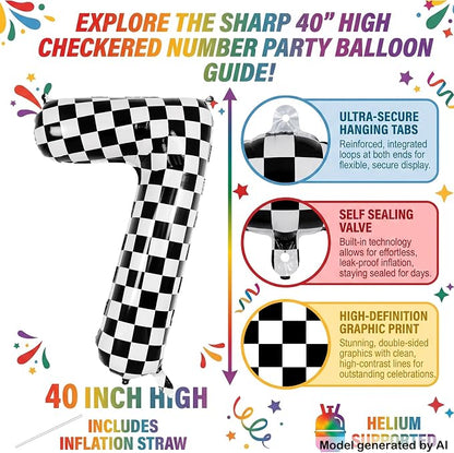 40" Checkered Number 7 Balloon for 7th Race Theme Birthday Party Supplies | 40 - Image 2