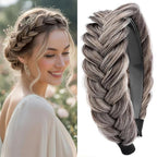 DIGUAN Wide Messy Braided Headband With Teeth Synthetic Hair Plaited Headband High Elasticity Braids Chunky Fishtail Braided Hair Band Hairpiece for Girls Women Beauty Accessory (Gray Brown)