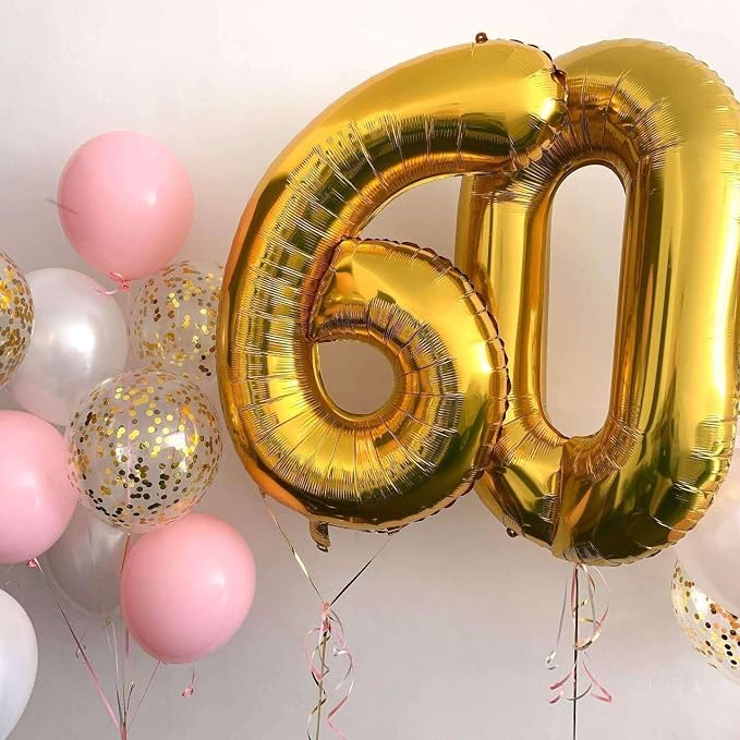 Gold 60 Number Balloons, 40 Inch Giant Number 60 Balloons Foil Mylar Helium - Image 6