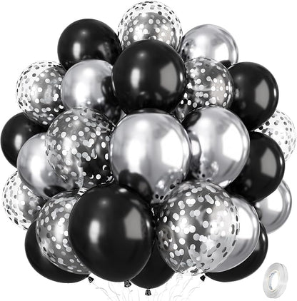 Black and Silver Balloons, 12 Inch Metallic Chrome Black Silver Confetti Latex by Isndare