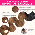 Lashey Seamless Clip in Hair Extensions Human Hair 18 Inch 110g 7pcs Body Wave Ombre Natural Black to Medium Auburn PU Clip in Hair Extensions for Women