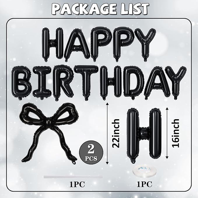 Black Bow Happy Birthday Balloons Banner, 22 Inch Black Bow Foil Balloons - Image 2