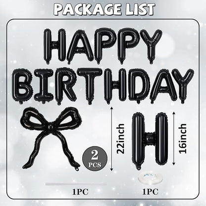 Black Bow Happy Birthday Balloons Banner, 22 Inch Black Bow Foil Balloons - Image 2
