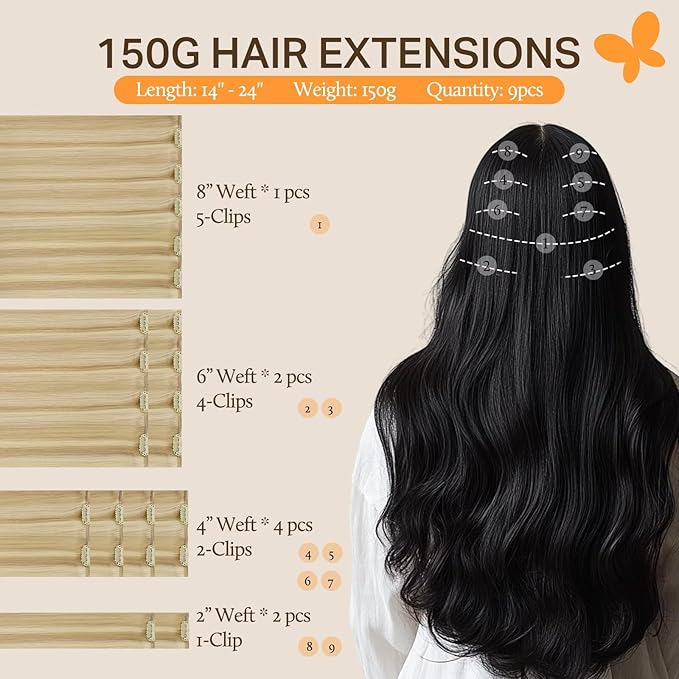 DOORES Clip in Human Hair Extensions, Dirty Blonde Highlight Golden Blonde 150g 9pcs 16 Inch, Remy Hair Extensions Clip in Natural Human Hair Extensions Thick Straight Hair