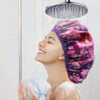 Upgraded Waterproof Terry Shower Caps, Reusable Shower Cap for Women with Long Hair, Soft Absorbent Hair-Protecting Towel Lining Bath Cap, Large Leak-Proof Hair Cap with Fashionable Print Outer-Purple