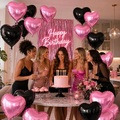 Pink Black Heart Balloons, 18Inch Black Pearl Pink Helium Balloon - Image 3