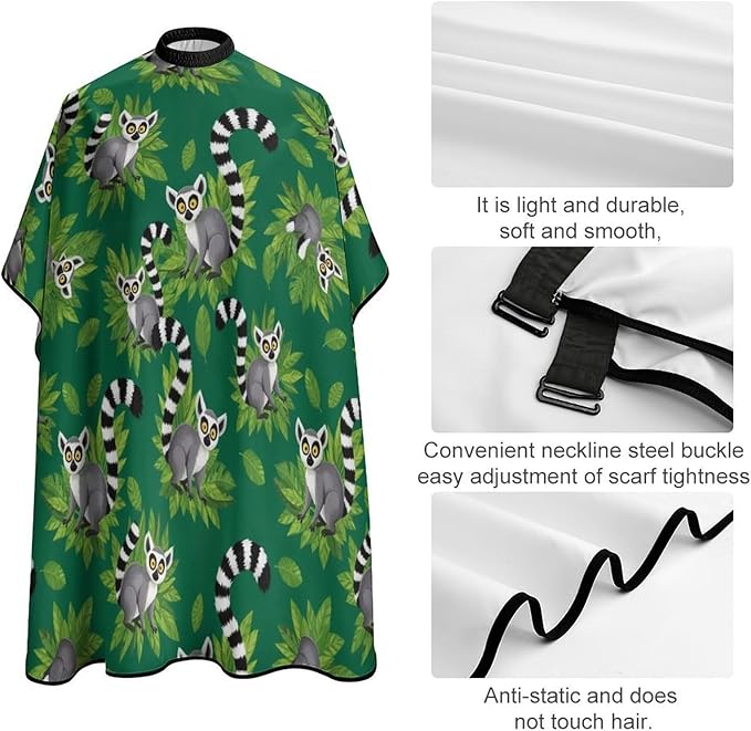Large Long Hair Cutting Cape, Salon Apron Lemurs Monkey Tropical Green Leaves Floral Haircuting Salon Cape Gown for Hair Cutting Styling