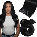 Moresoo Clip in Hair Extensions Real Human Hair Black 5pcs 80g Remy Straight Invisible Lace Double Weft Jet Black Human Hair Clip in Extensions #1 22inch