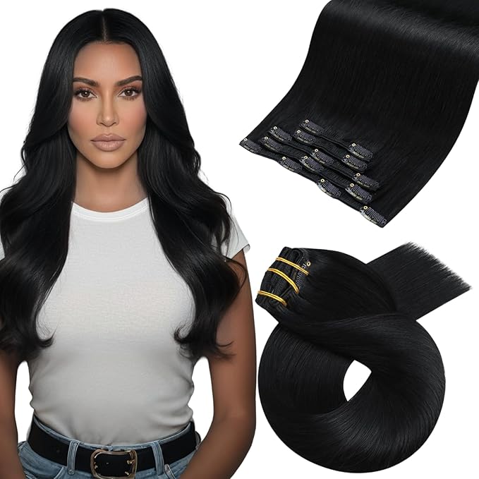 Moresoo Clip in Hair Extensions Real Human Hair Black 5pcs 80g Remy Straight Invisible Lace Double Weft Jet Black Human Hair Clip in Extensions #1 20inch