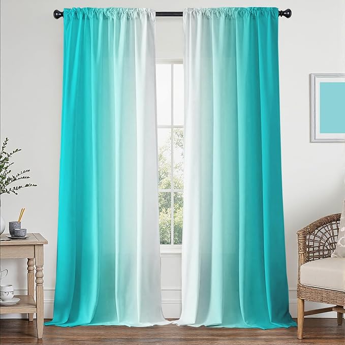 Turquoise Curtains for Living Room 84 Inch Length Teal Ombre Curtains 2 Panel - Image 2