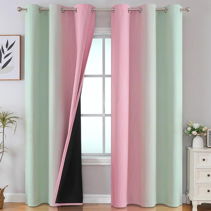 Sage Green and Pink Room Darkening Blackout Curtains 84 Inch Length 2 Panels Set by ESTELARTEXTILER