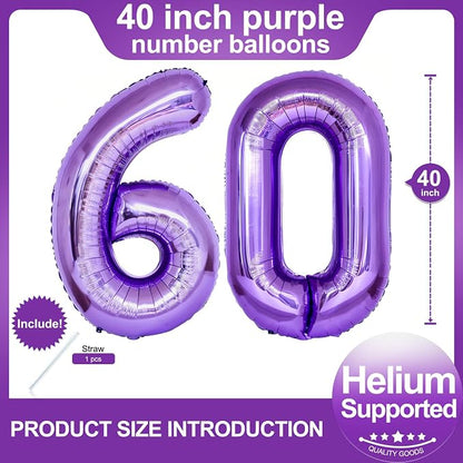 Number 60 Purple Balloons 40 Inch Giant Purple Foil 60 Helium Balloons - Image 2