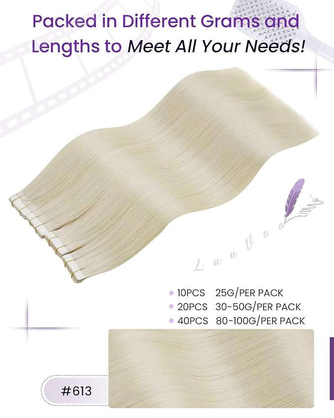 LaaVoo Tape in Hair Extensions Human Hair Bleach Blonde Tape in Human Hair Extensions Seamless Tape on Extension Soft Hair 16 Inch 100g 40pcs