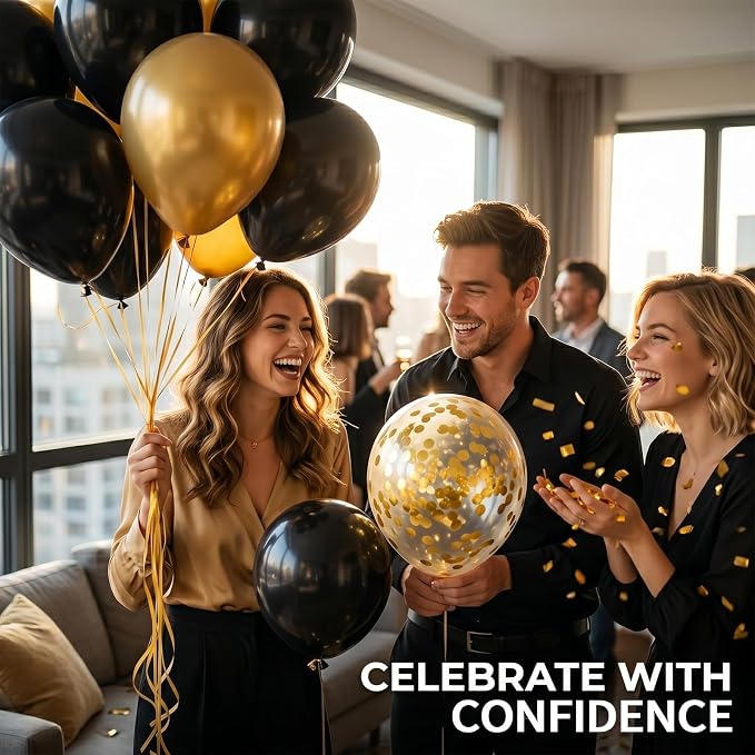 60pcs Black & Gold Balloon Kit, 12 Inch Metallic Gold & Black Gold Confetti - Image 5