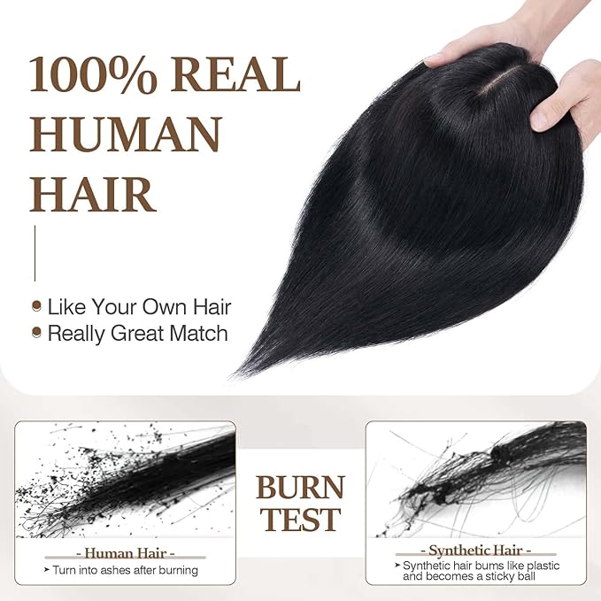 Rich Choices Hair Toppers for Women Real Human Hair 100% Human Remy Toppers NO Bangs for Women with Thinning on Top Clip in Hairpiece 4"x4.7"Lace Base 6 Inch #1 Jet Black