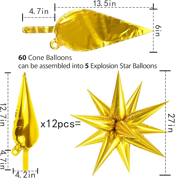 60 Pcs Star Balloons Explosion 12 Point Foil Cone Balloons Magic Balloon Large - Image 6