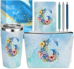 Personalized Gifts Monogrammed Birthday Gifts for Women, Mentor Employee Appreciation Christmas Initial 20 oz Tumbler, Makeup Bag Cup Ballpoint Pens Journal Notebook 6 Set, (Aesthetic Blue Flower G)