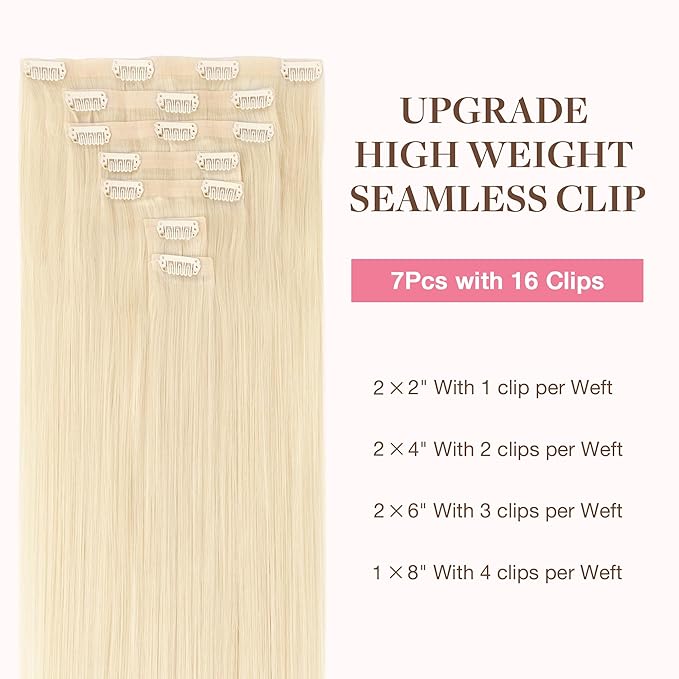 GOO GOO Clip in Hair Extensions Real Human Hair, Remy Human Hair Extensions Clip ins for Women, Natural Human Hair, 20inch 150g 7Pcs, 613R Bleach Blonde