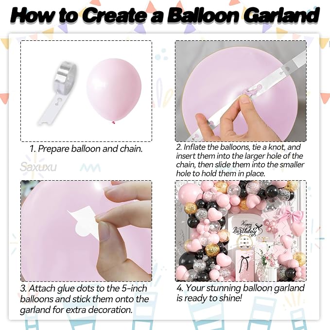 Pink and Black Balloon Arch Kit, Macaron Heart Latex Balloons - Image 3