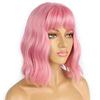Pastel Bob Wigs with Bangs for Women Loose Wavy Wig Pastel Wavy Shoulder Length Bob Synthetic Cosplay Wig for Girl Colorful Costume Wigs (Pink)