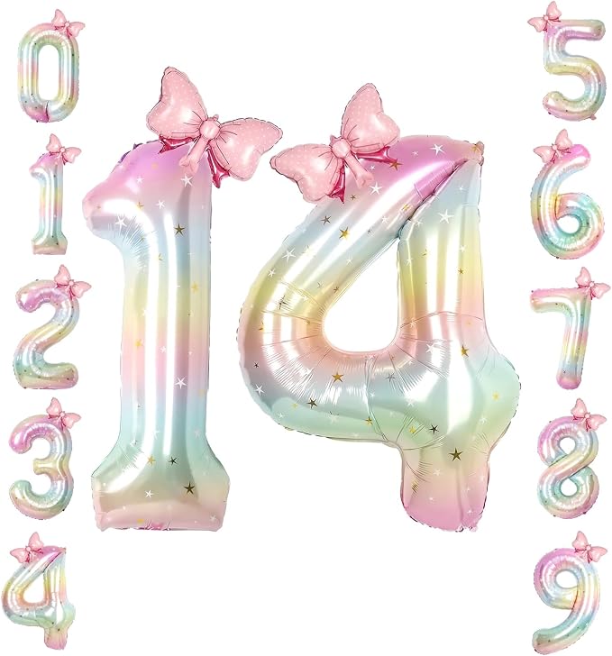 40" Giant Pastel Rainbow Number 14 Balloon Foil Pink Bow Decor Kit | by TNCDJKPA