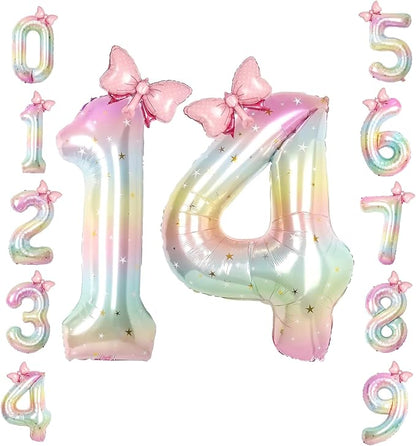 40" Giant Pastel Rainbow Number 14 Balloon Foil Pink Bow Decor Kit | by TNCDJKPA