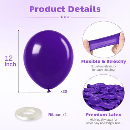Dark Purple Balloons, 12 Inch Royal Purple Latex Party Balloon | 30 Pack Purple - Image 2