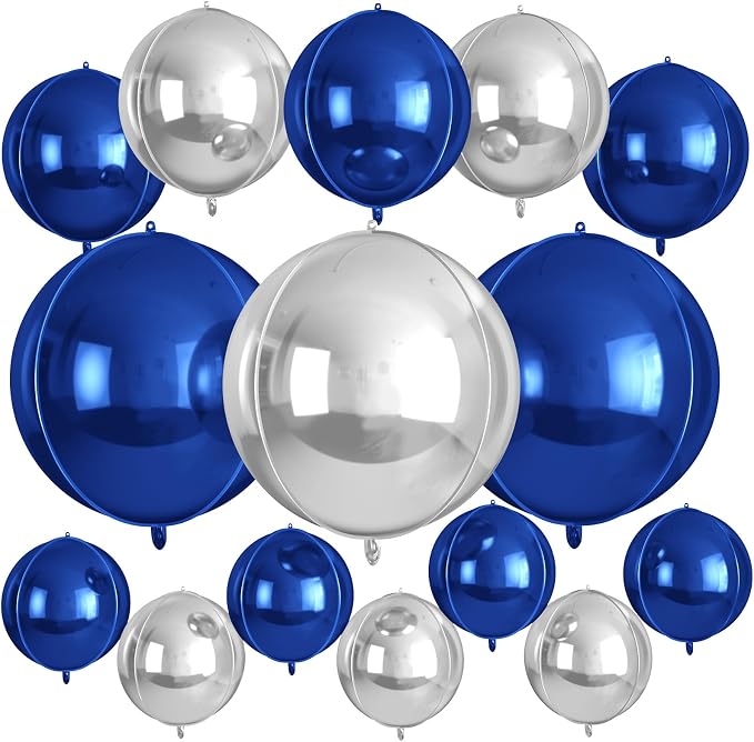 15 Pcs Navy Blue and Silver Round Foil Balloons, 22/15/10 Inch 4D Ball Balloons by Sowide
