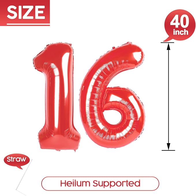 16 Balloon - Red Birthday Number Balloons, 40 Inch Decorations Men Women | Red - Image 5