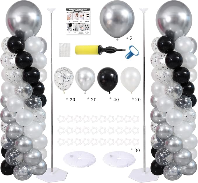 Black White and Silver Balloon Column Kit Set of 2, Balloon Towers | 102Pcs by ZyloonDecoration