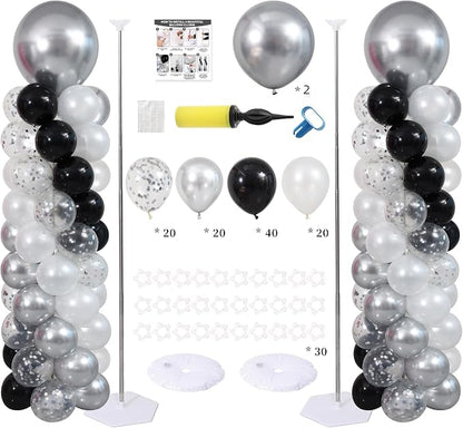Black White and Silver Balloon Column Kit Set of 2, Balloon Towers | 102Pcs by ZyloonDecoration