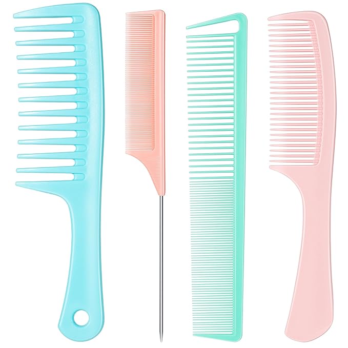 SALONSILK Dopamine Colorful 4PCS Professional Comb Set, Wide Tooth Rat Tail Fine Tooth Hair Combs, Braiding Cutting Barber Styling Curly Parting Set for Men and Women
