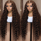 26 Inch Chocolate Brown Deep Wave Lace Front Wigs Human Hair Pre Plucked 200% Density 13x6 HD Lace Frontal Wigs with Baby Hair Deep Curly Wet and Wavy Glueless Wigs for Women (4# Brown, 26 Inch)