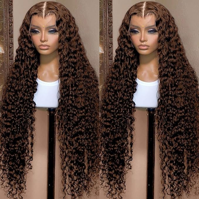 32 Inch Chocolate Brown Deep Wave Lace Front Wigs Human Hair Pre Plucked 200% Density 13x6 HD Lace Frontal Wigs with Baby Hair Deep Curly Wet and Wavy Glueless Wigs for Women (4# Brown, 32 Inch)