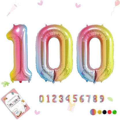40 Inch Rainbow Number 100 Balloon, Large Foil Mylar Balloons by Smlpuame