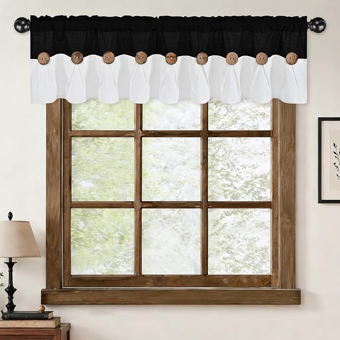 Farmhouse Valance Curtains, Boho Cotton Linen Kitchen Valance, Rustic Button - Image 3