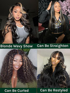 KLAIYI Bye Bye Knots Glueless Wig Human Hair 13x4 Balayage Highlight 3D Body Wave Precut Lace Front Wig with Baby Hair Black Mix Blonde Brown Pre Plucked Pre Bleached Knots Wig 30S Easy to Wear 26Inch