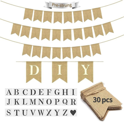 30pcs Burlap DIY Brown Banner Set– Includes Letter & Heart Stencils, by MLAPIS