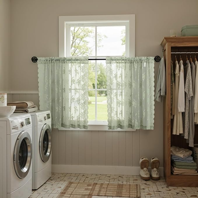 Kotile Sage Green Lace Floral Curtains - Image 4