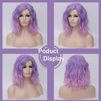 BUFASHION 14" Women Short Pink Purple Bob Wavy Glue Less Synthetic Hair Wig 46 Colors Available（Pink Purple）