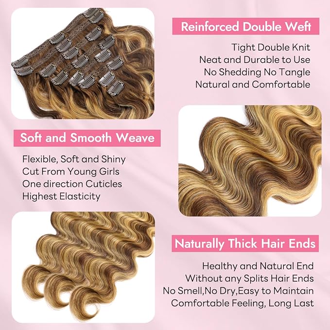 Clip in Hair Extensions Real Human Hair Body Wave #4/27 Chocolate Brown to Honey Blonde 100% Brazilian Remy Human Hair Extensions 8pcs Per Set with 18 Clips Double Weft 22 Inch 110g/3.6oz