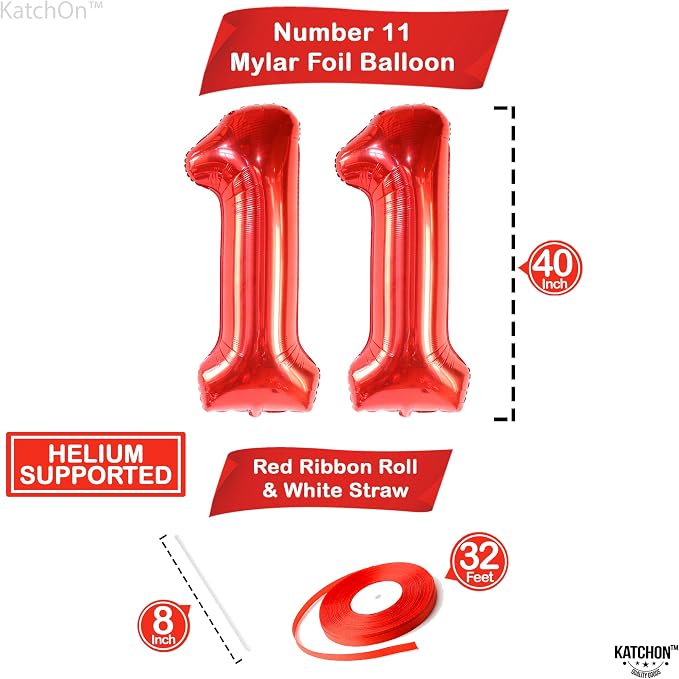KatchOn Red Number 11 Balloon 40 Inch, 11th Birthday Balloon Decor | 11th - Image 2