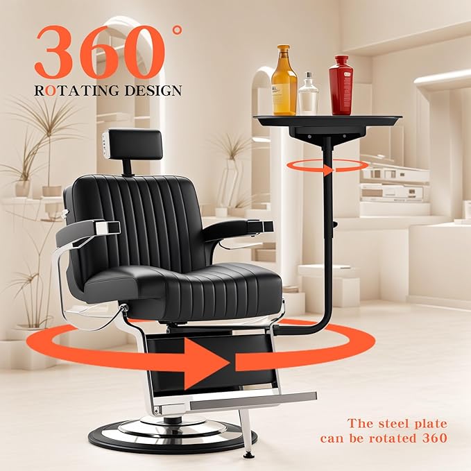Modern Salon Chair Tray, 360 Rotatable Metal, Black, Depth: 17.7 inches, Width: 28.3 inches, Height: 23.6 inches, Adjustable Height, Foldable Arm Rest, Hair Styling, Beauty Services