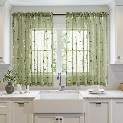 MIULEE Sage Green Sheer Curtains 2 Panels Leaf Patterned, W52 x L45 | - Image 2