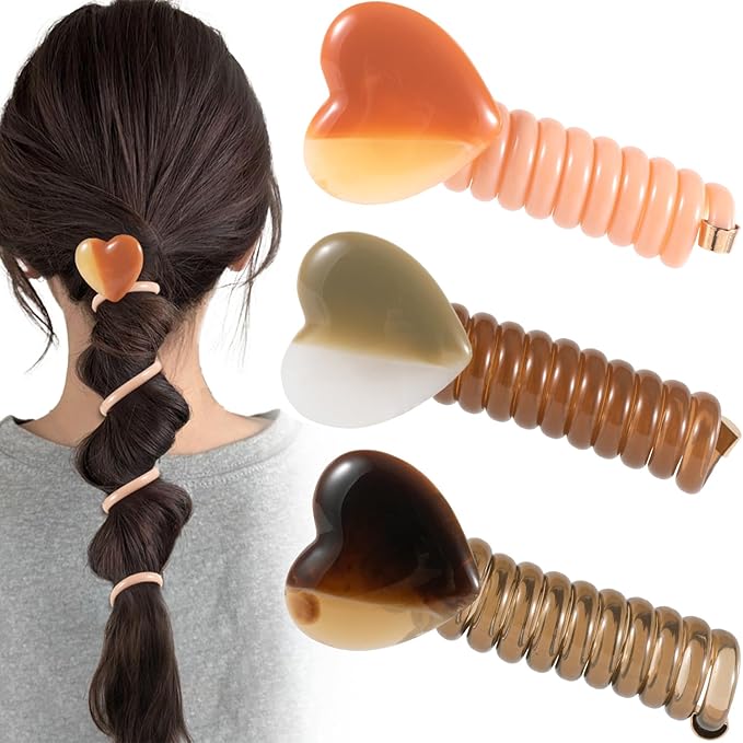 3PCS Heart Spiral Hair Ties, 3 Colors Heart Phone Cord Ponytail Holders for Women, Elegant Rubber Hair Coils, Stylish Hair Accessories for Party, Daily Use