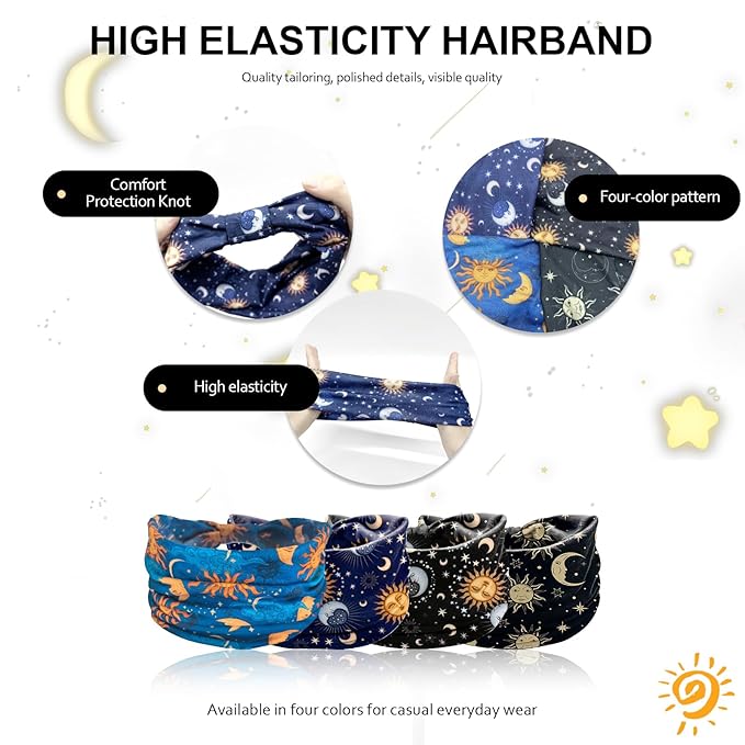 Headbands for Women, 4 Pack Boho Cotton Headbands with Moon & Star Print, Non-Slip Wide Head Bands for Yoga, Fitness, Workout, Thick Stretchy Hair Band Accessories